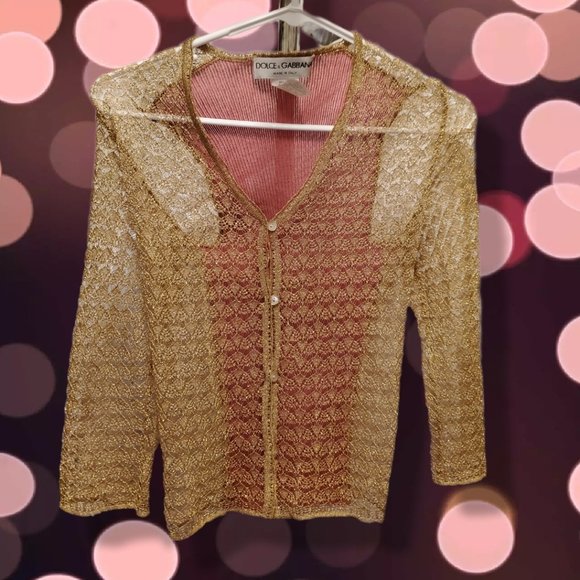 Dolce & Gabbana gold shimmery open-knit long sleeve top with pink back, size 44 - Picture 1 of 4